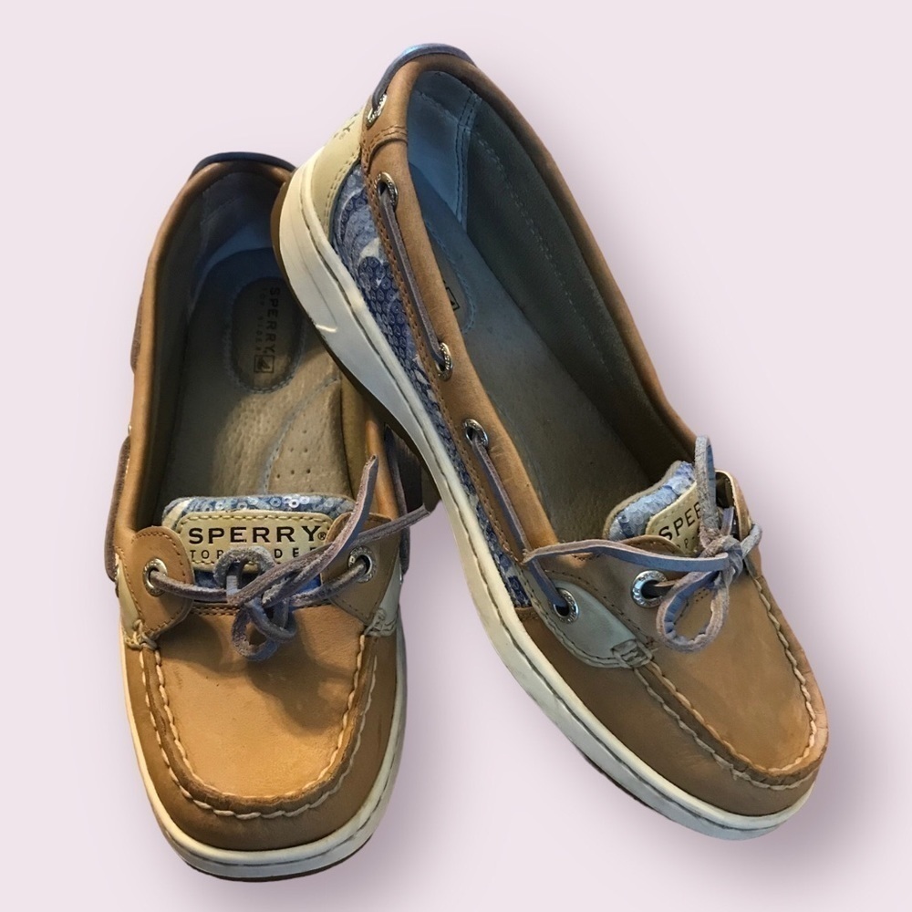 SPERRY Womens Leather Angelfish Boat Lace Tie Sequins Loafer Tan Shoe Size 6.5